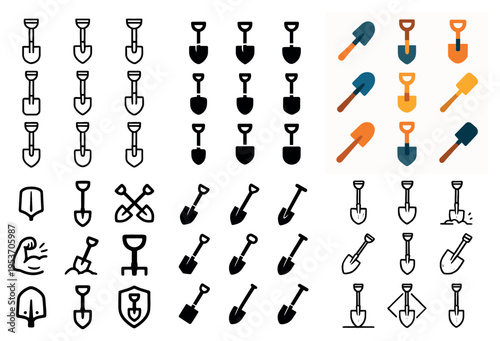 Gardening icons with shovel spade trowel outline