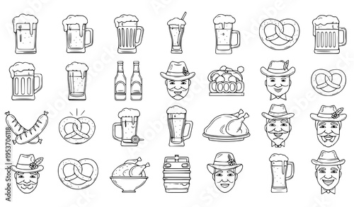 Beer pub menu vertical line icons set with hand drawn food drinks and Oktoberfest mascot elements