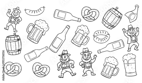 Beer festival doodle line icons set with hand drawn pub drinks food and Oktoberfest characters