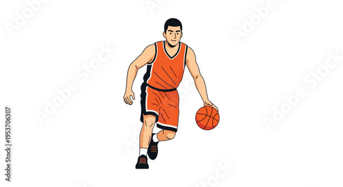An illustration depicts a basketball player dribbling posed mid game with dynamic motion in a flat style silhouette high quality professional detailed