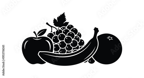 A black and white graphic depicts a still life arrangement of fruit showcasing a bold silhouette high quality professional detailed modern
