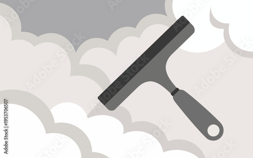 Gray squeegee cleaning abstract cloudy sky background flat window tool
