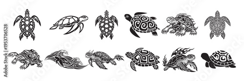 Tribal turtle silhouettes collection, sea turtle ornamental shapes set, marine animal vector illustration bundle.