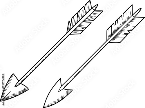 Hand Drawn Arrows with Feather Fletching and Pointed Arrowheads White Background