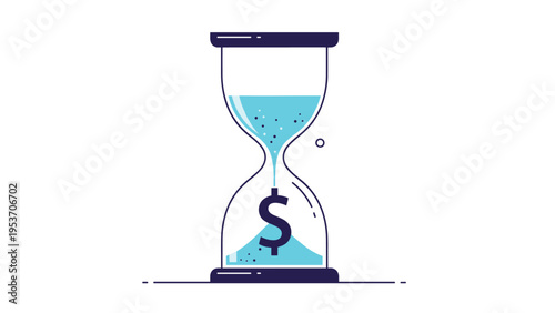 Minimalist hourglass filled with blue water flowing downwards into the bottom chamber where it transforms into a large black dollar sign.