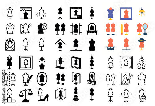 Fashion icons with mannequin dress mirror outline