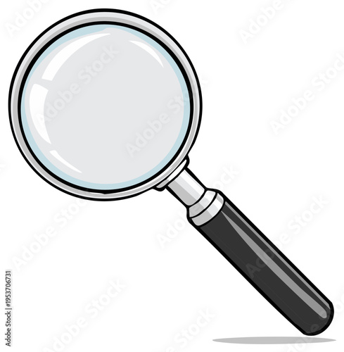 Magnifying glass illustration with a clear lens and dark handle, symbolizing research, discovery, and detailed observation.
