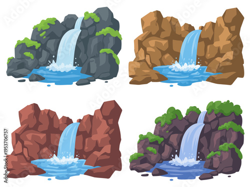Stylized cartoon waterfalls cascading into blue pools amidst rocky formations and green moss