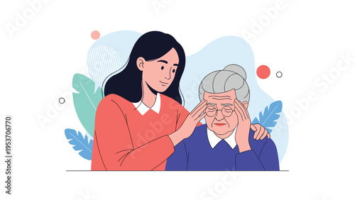 Kind young woman offers comfort and support to an elderly lady wearing glasses who is suffering from a painful headache or migraine symptom.