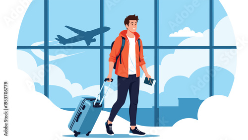 Young man wearing an orange jacket and backpack walks confidently through an airport terminal carrying his suitcase and holding a passport.