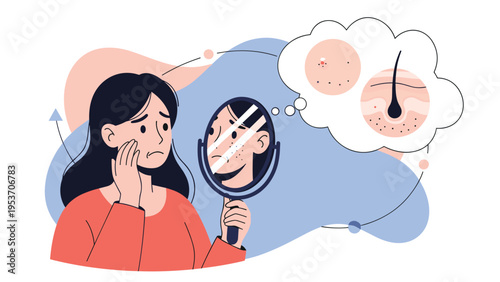 Distressed young woman looks into a hand mirror and feels worried while examining skin problems and hair concerns shown in thought bubbles.