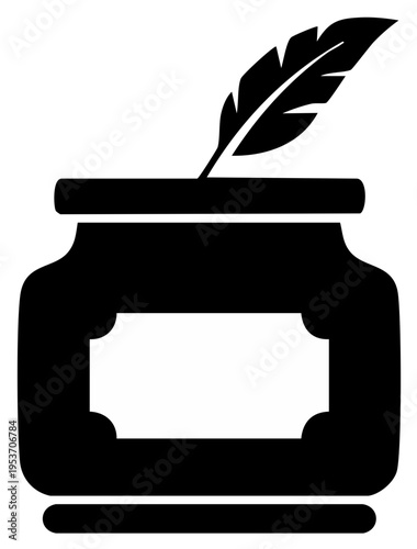 Black inkwell icon with writing feather plume in classic style for author's work