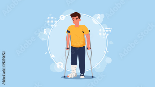 Sad young man with a bandaged leg stands inside a decorative circle while using crutches for support after suffering a physical injury.