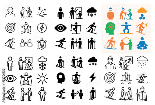 Winter sports icons with skier snowboarder minimal