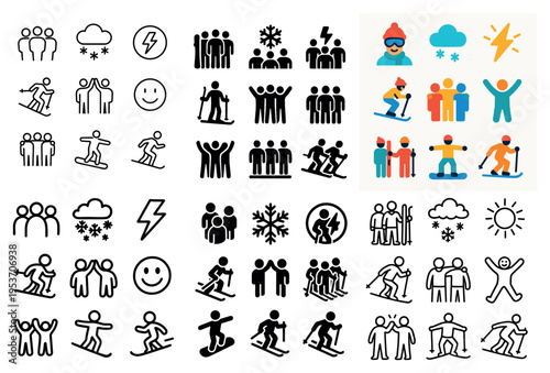 Winter icons with skier group snowflake minimal