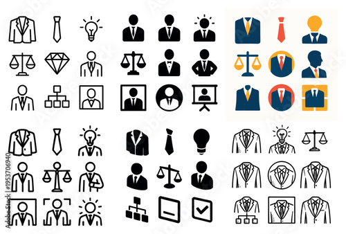 Business icons with suit tie scales minimal