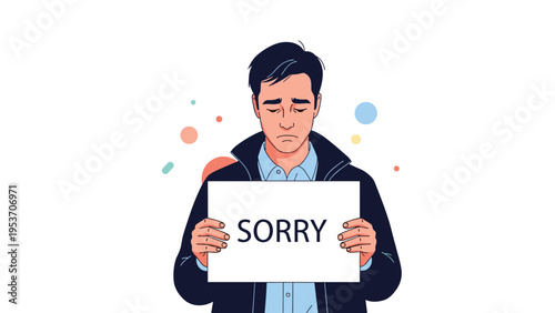 Sad man with a downcast expression stands against a colorful background while holding a large white paper with the word sorry written on it.