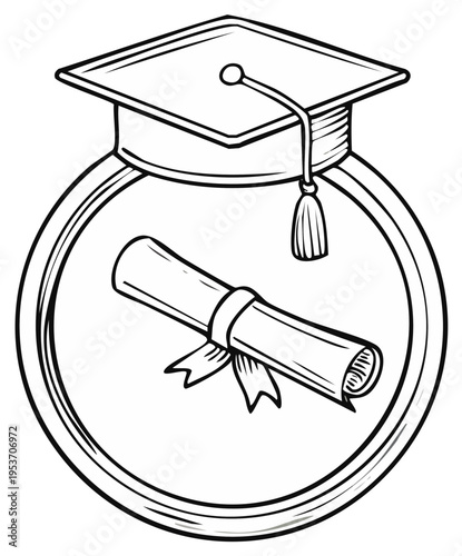 Graduation cap and diploma scroll outline icon representing academic success and educational achievement