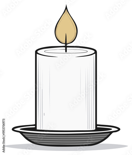 Close up of a lit white candle on a dark saucer with a flame