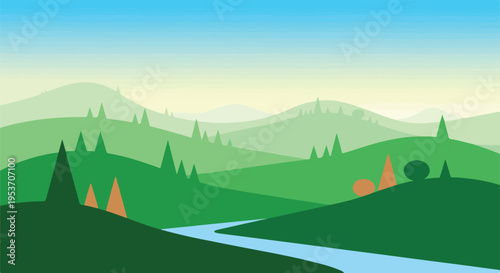 A layered landscape design featuring green hills, trees, and sky