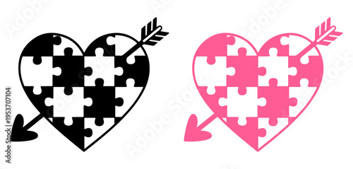 Puzzle heart with arrow love and relationship concept creative symbol black and pink vector illustration, Heart vector on white background
