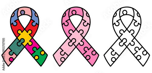 Breast cancer awareness ribbon made of puzzle pieces pink support symbol healthcare concept vector illustration, Awareness ribbon vector illustration on white background