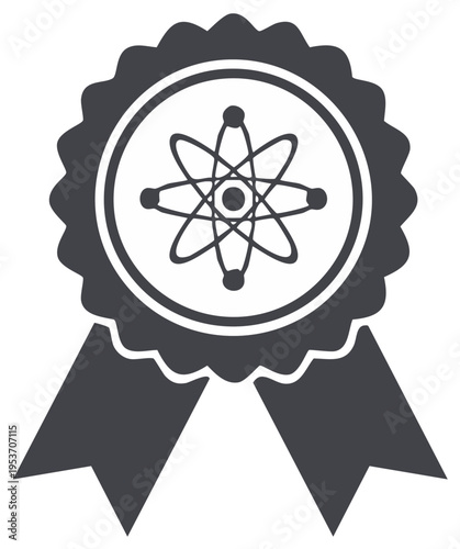 Vector Icon of a Science Achievement Award with an Atomic Symbol on a Rosette Medal with Ribbons