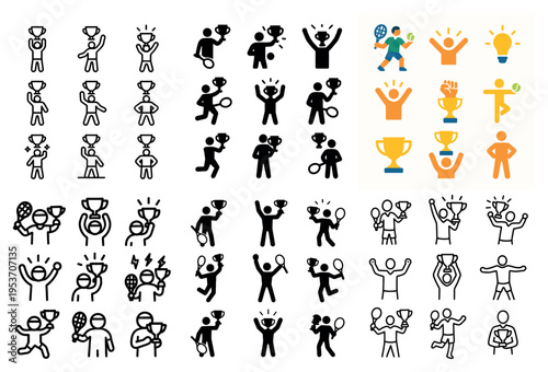 Winner icons with trophy person racket outline