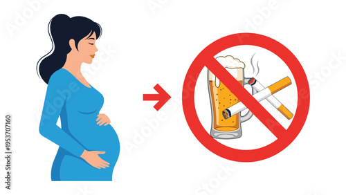 Pregnant woman in a blue dress stands next to a red prohibition sign showing a glass of beer and a lit cigarette to advise against use.