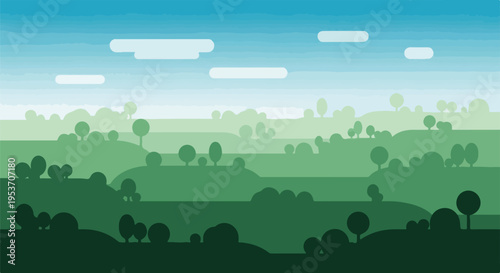 A layered landscape illustration showing hills, trees, and sky
