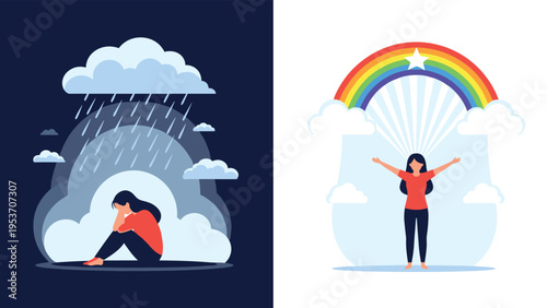 Split screen illustration showing a depressed woman under a rain cloud compared to a happy woman standing under a bright colorful rainbow.