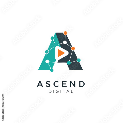 A letter composed with geometric shapes, with a play button in the middle