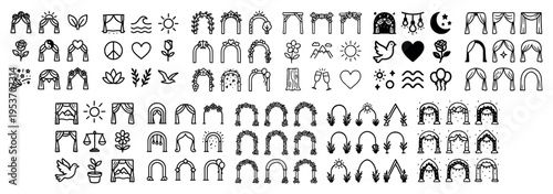 Wedding icons with arch curtain flower minimal