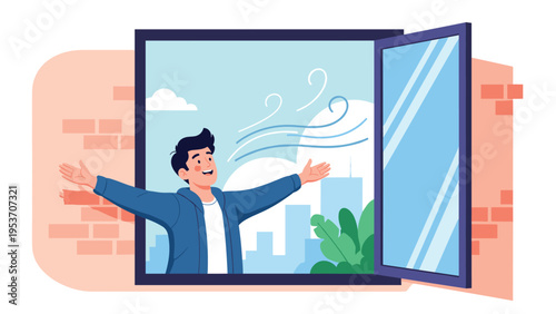 Happy young man stands at an open window with his arms wide open to breathe in the fresh air and enjoy the view of the city buildings.