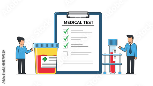 Healthcare concept illustration featuring medical professional characters standing next to a clipboard for medical tests with samples.