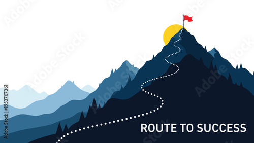 Winding dotted path leads through high mountains towards the peak where a red flag stands against the rising sun as a route to success.