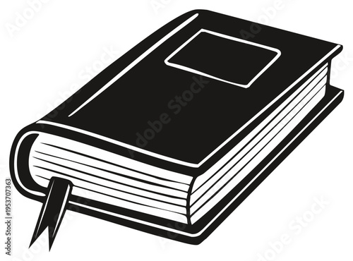 Closed hardback book with ribbon bookmark and blank cover panel