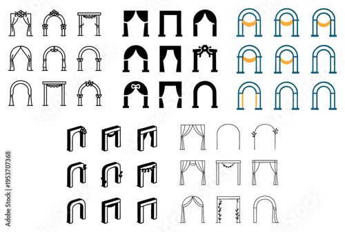 Wedding icons with arch curtain frame outline