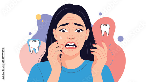 Anxious young woman feels worried about her dental health while several tooth icons float in the background representing various toothaches.