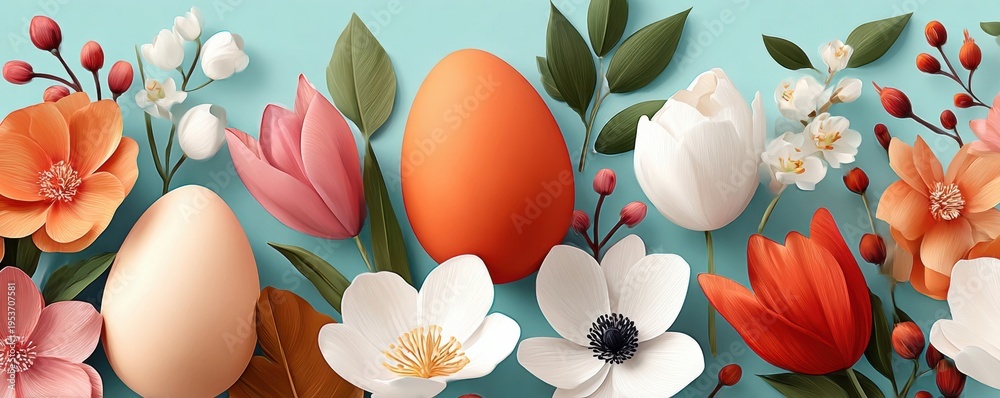 Naklejka premium Easter eggs and spring flowers on a light blue background with pastel floral arrangement