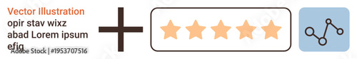 Digital reviews, customer ratings, quality assurance, online feedback, reputation management, data analysis. Five-star rating icon, plus sign and network graph. Customer ratings and quality