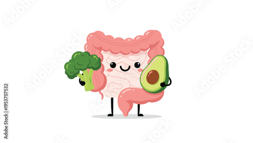Happy cartoon human intestine character with a smiling face holds a piece of fresh green broccoli and a ripe avocado to show healthy eating.