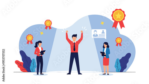 Successful businessman celebrating achievement with arms raised surrounded by recruiters and gold award ribbons.