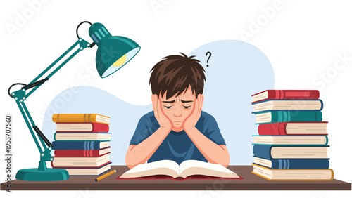 Frustrated student boy sitting at desk with stacks of books and lamp feeling overwhelmed by difficult school homework.