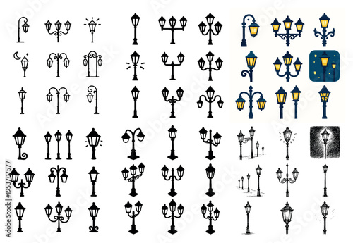 Street icons with lamp post lantern vintage