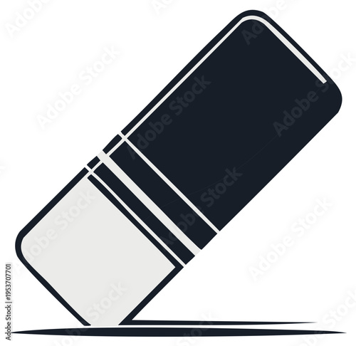 Dark blue eraser with light grey tip erasing a dark line in a graphic illustration style