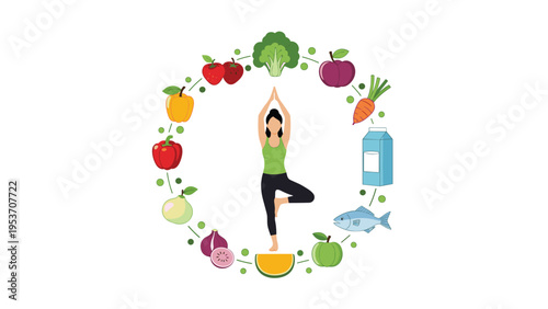 Healthy lifestyle illustration showing woman doing yoga tree pose surrounded by circle of fresh fruits and vegetables.