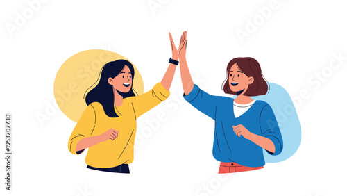 Two joyful young women giving a high five celebration celebrating success and partnership against a colorful backdrop.