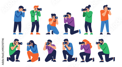 Photographers taking pictures in various poses with professional dslr cameras