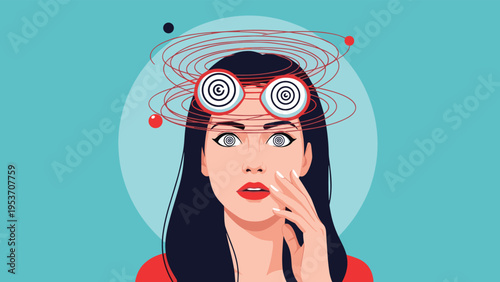 Shocked woman with hypnotic spiral eyes and red dizzy lines around her head feeling overwhelmed or mesmerized.